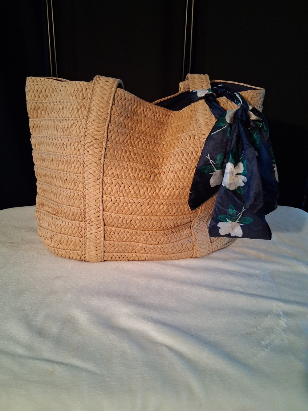 Draper James Natural Straw Tote with Navy Floral Scarf